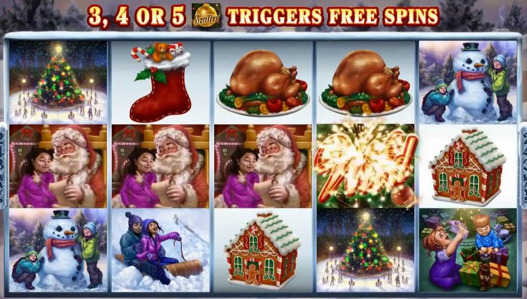 Santa, snowman, turkey and gingerbread house symbols on the 243-ways reels of the Happy Holidays slot Canada casinos carry