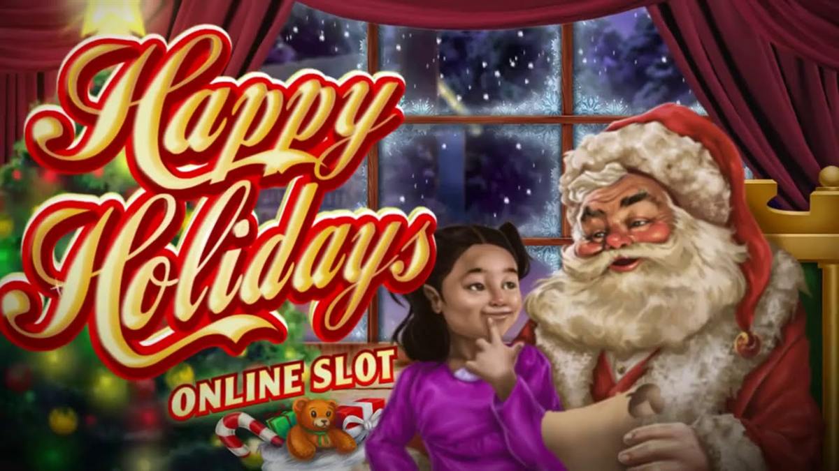Santa and a girl reading his list beside the title art of the Happy Holidays slot Canada players spin