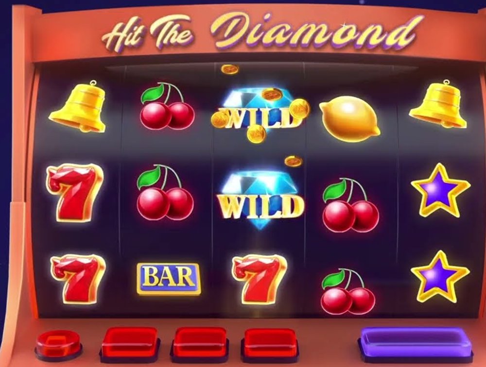 Two Diamond wilds, bells, cherries and 7s inside the retro cabinet of the Hit the Diamond slot Canada players spin