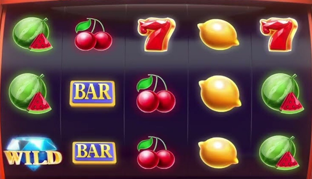 Watermelons, cherries, lemons, 7s, Bars and a Diamond wild on the reels of the Hit the Diamond slot Canada casinos carry