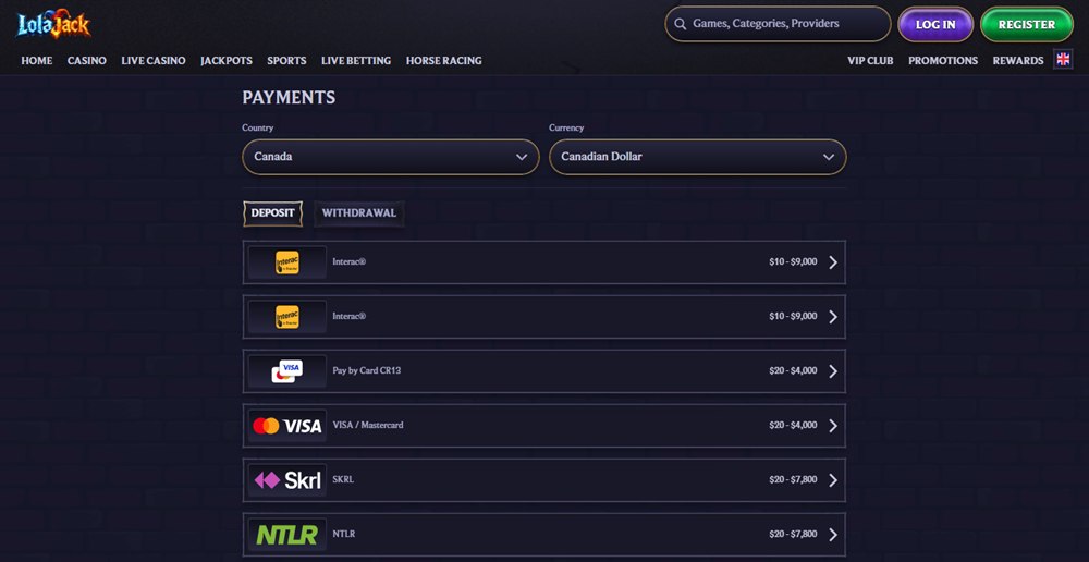 How to deposit at an online casino Canada: LolaJack payments page with Interac in Canadian dollars