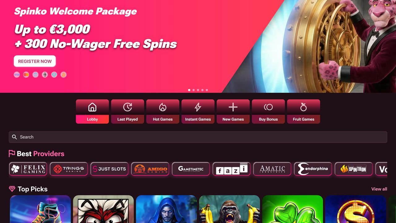 Spinko lobby with its welcome package banner, a deposit offer to set beside an Ice casino no deposit bonus