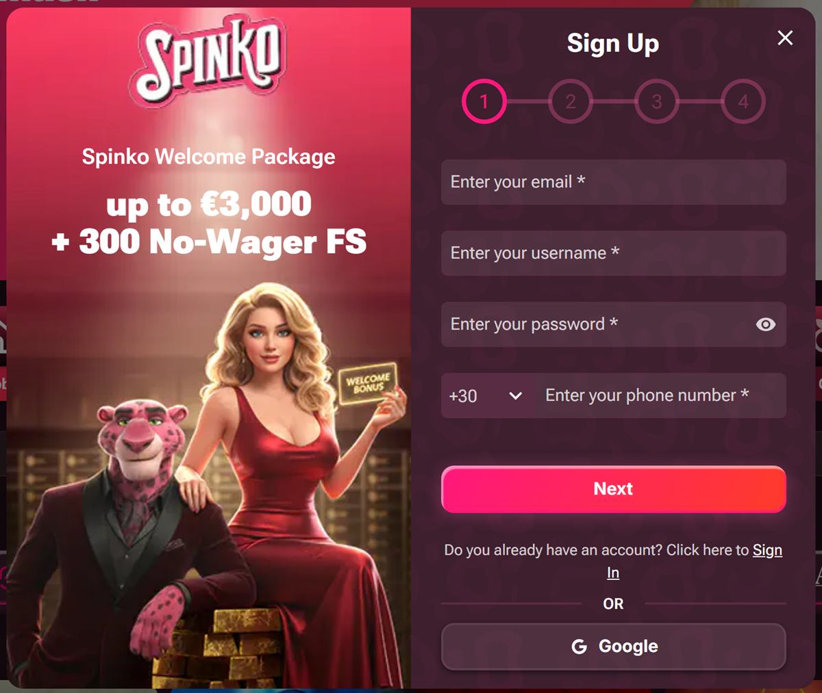 Inclave casino Canada alternative: the Spinko sign-up form with email, username, password and a Google button