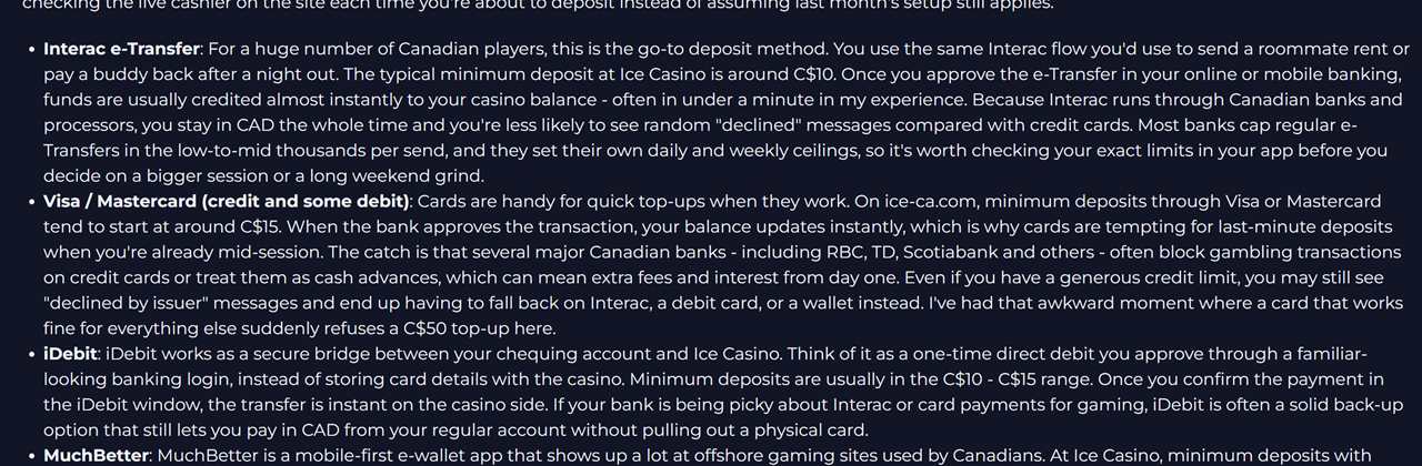 Instant banking casino Canada check: Ice Casino payments text on Interac e-Transfer and iDebit deposits