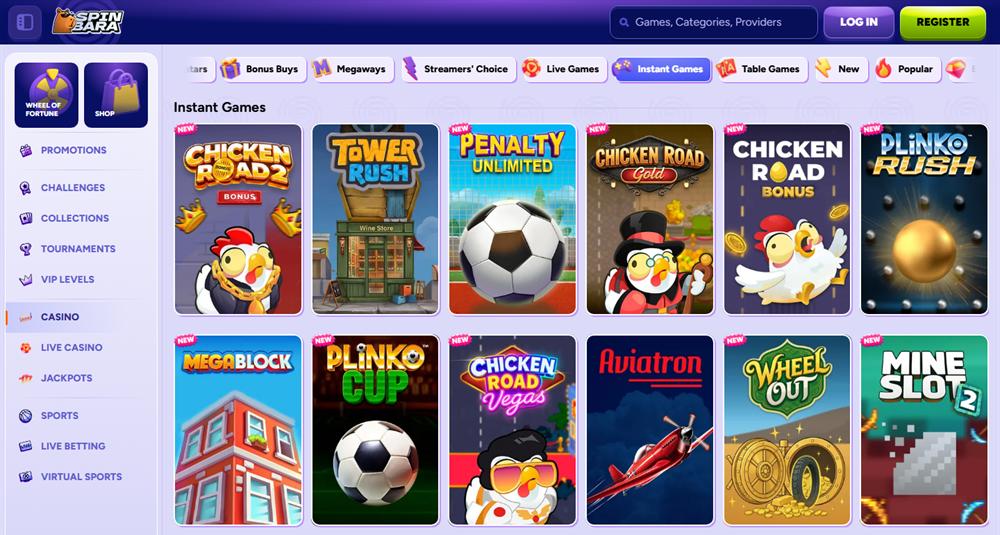 Spinbara instant games lobby with Plinko, Mines and Chicken Road