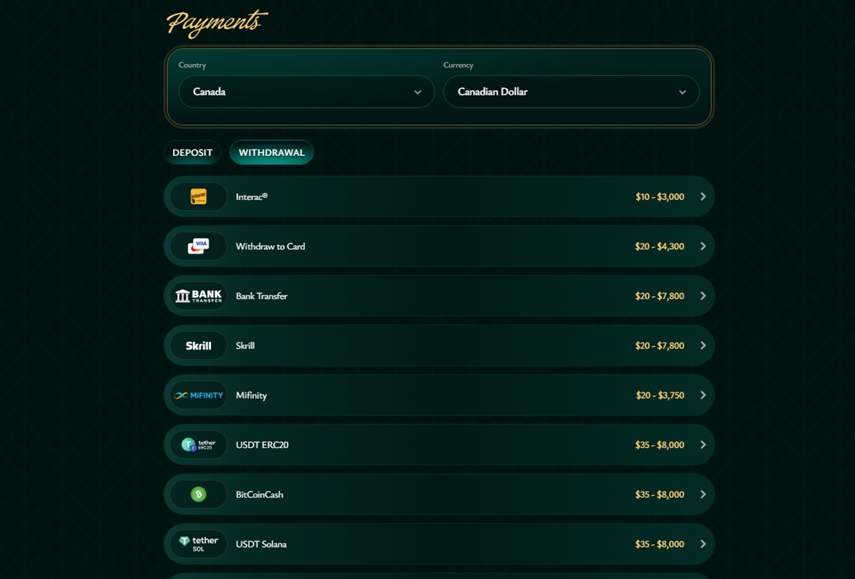 Instant withdrawal casino Canada: the Cashed withdrawal tab for Canada with Interac, card, Skrill and crypto limits in CAD