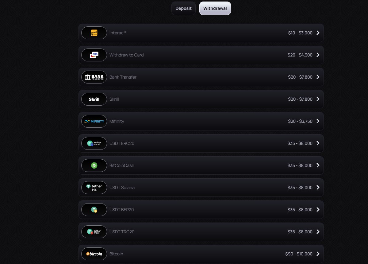 Casinova withdrawal options for Canada, from Interac to USDT on four networks and Bitcoin
