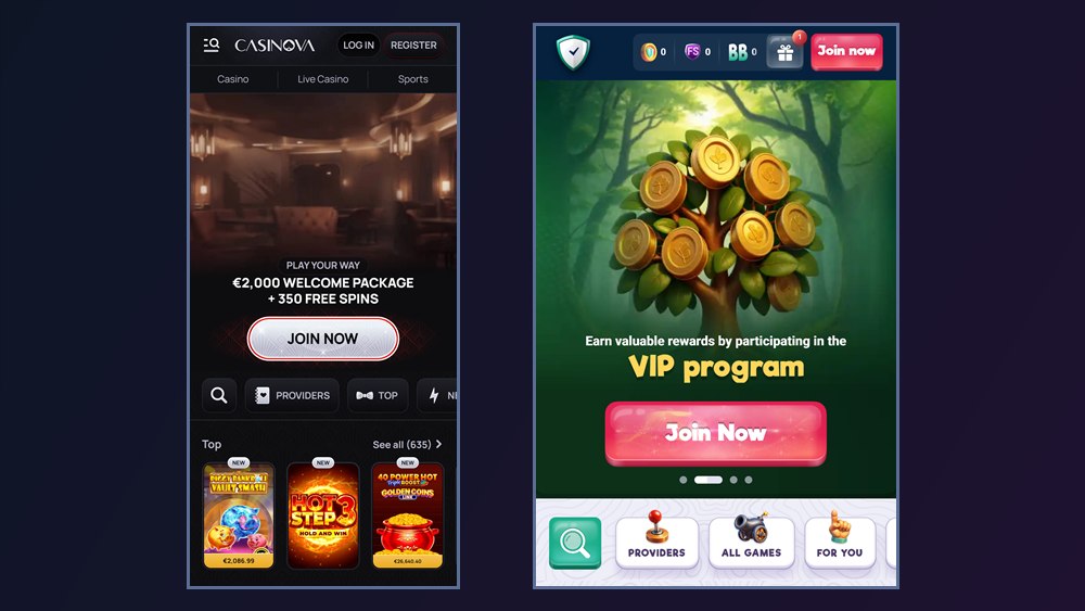 Casinova and Safecasino mobile sites at iPhone size