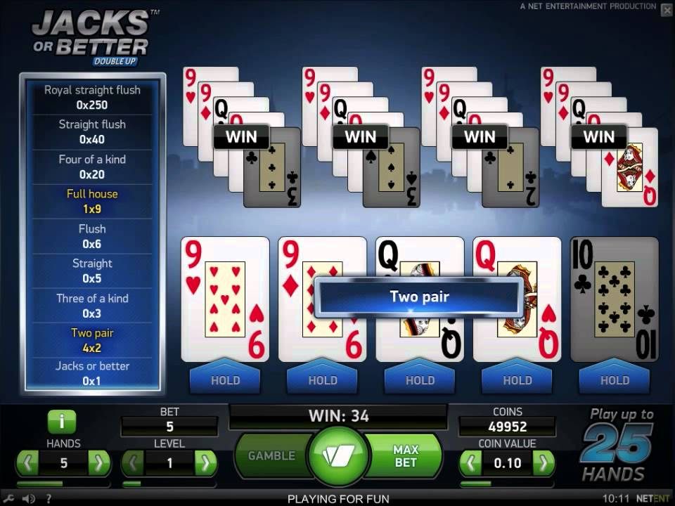 NetEnt Jacks or Better Double Up with five hands and the pay table