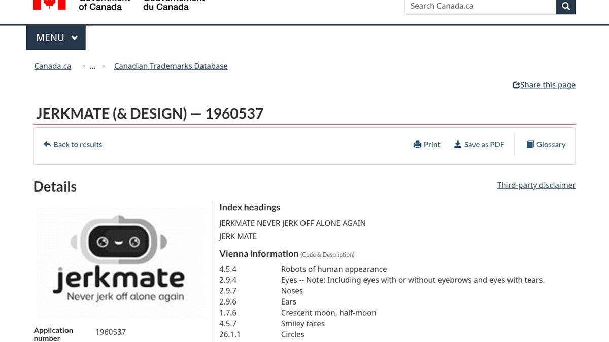 Canadian trademark record for the JERKMATE design, application 1960537