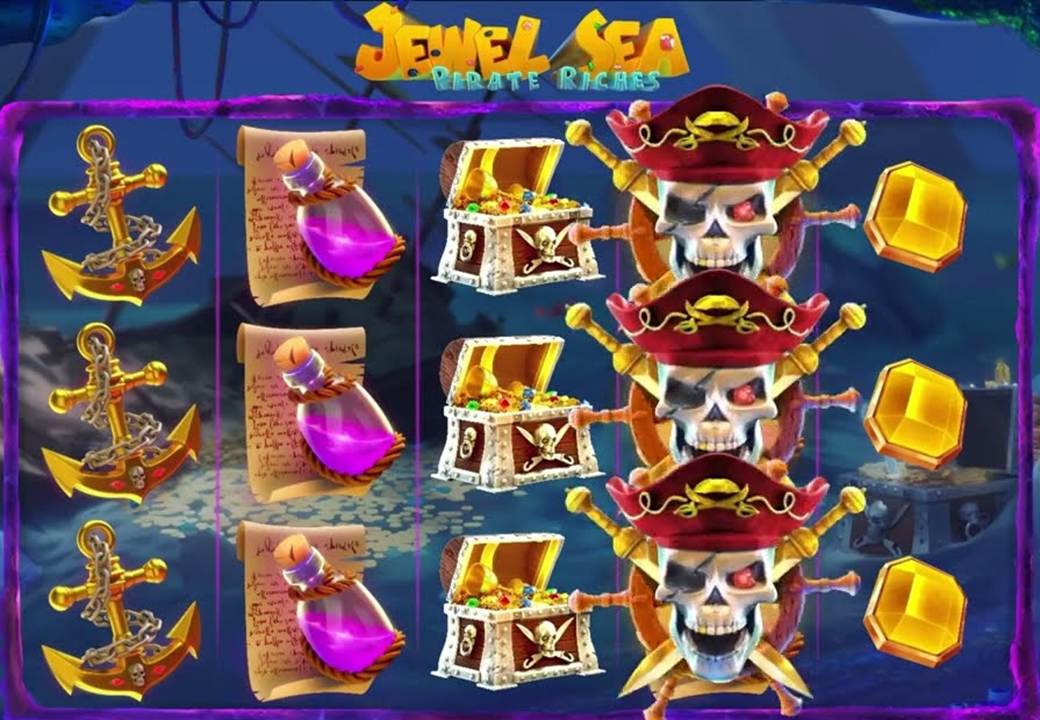 A full reel of pirate skull wilds beside chests, potions and anchors on the Jewel Sea Pirate Riches slot Canada players spin