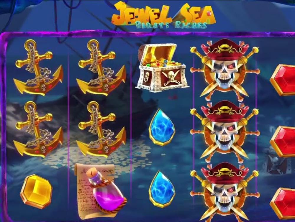 Anchors, a treasure chest, gems and an expanded skull wild on the reels of the Jewel Sea Pirate Riches slot Canada casinos carry