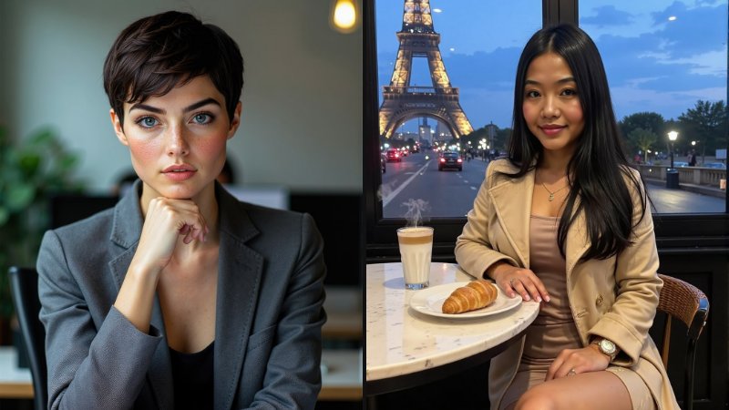 Two Joi AI characters, one in a grey blazer and one at a Paris cafe, for this Joi AI review Canada