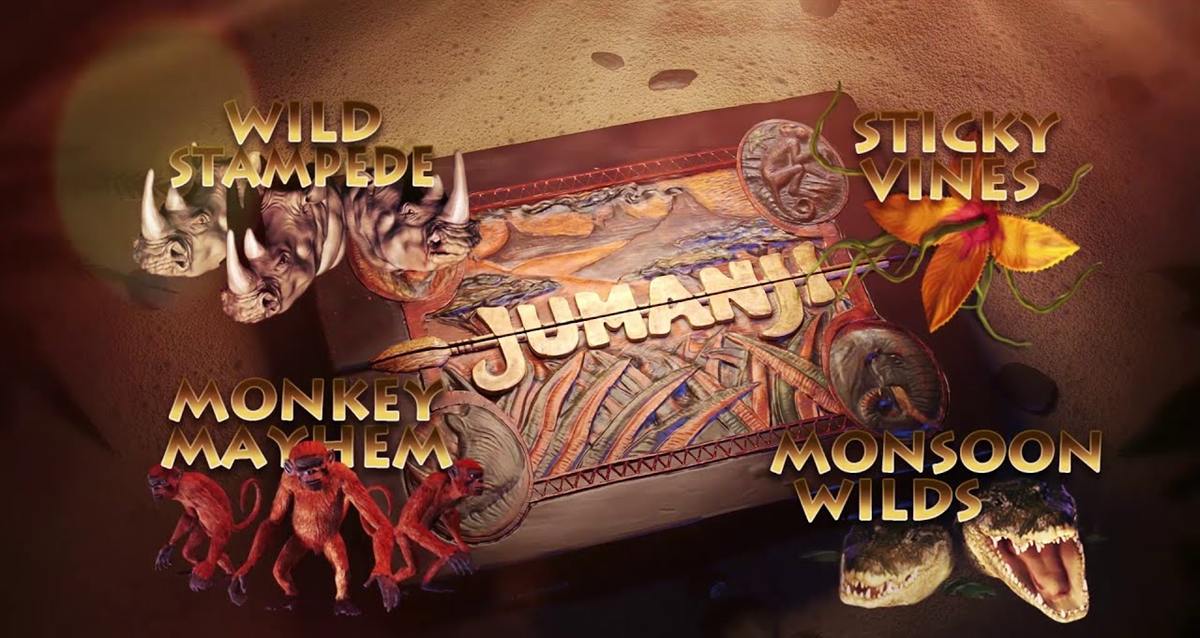 Jumanji box with Wild Stampede, Sticky Vines, Monkey Mayhem and Monsoon Wilds, the four features of the Jumanji slot Canada players spin