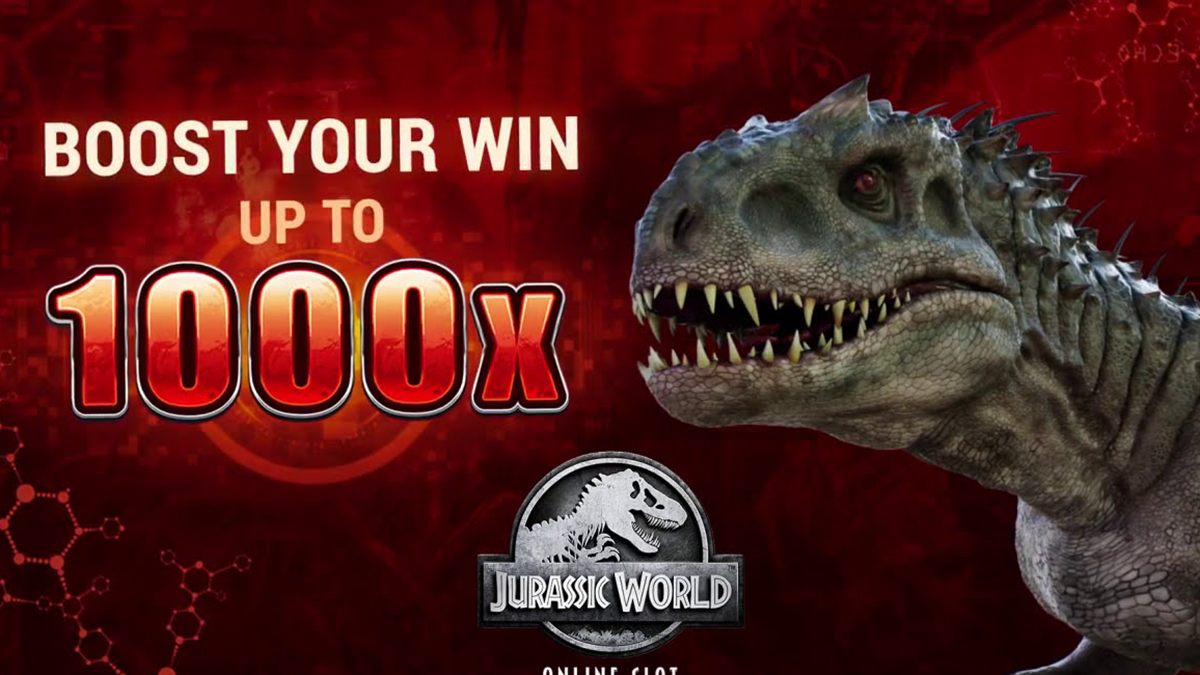 Indominus Rex beside the line Boost your win up to 1000x, the base game feature of the Jurassic World slot Canada players chase