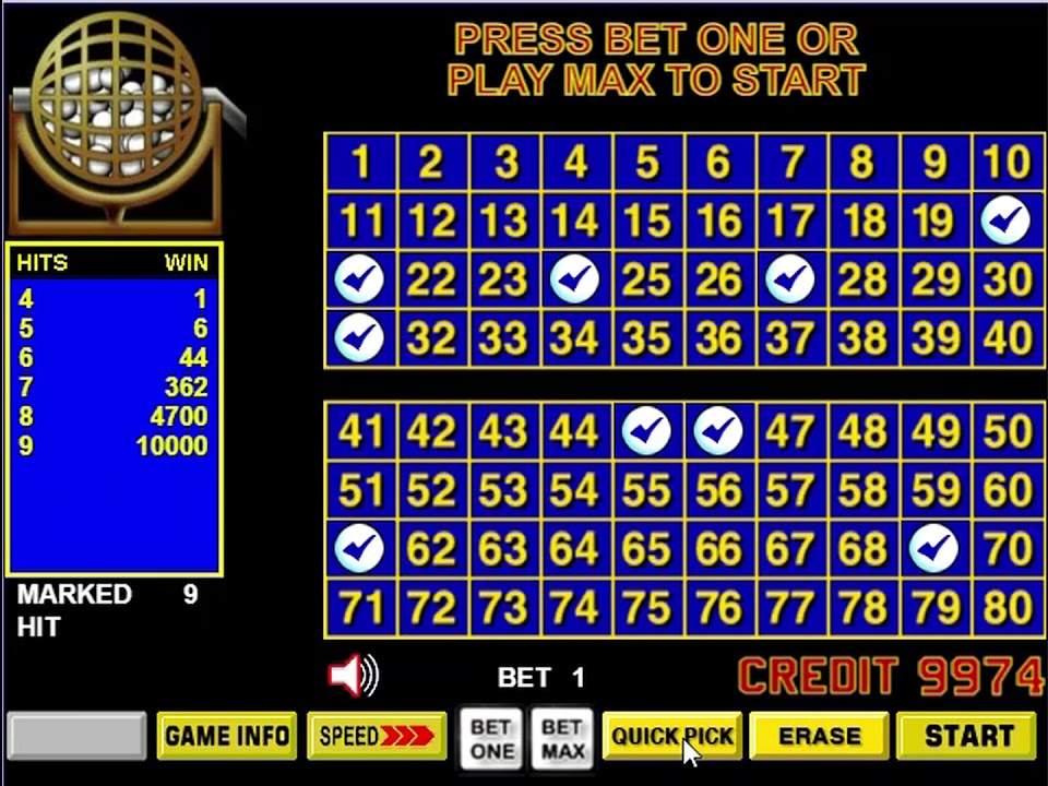 Video keno screen with marked numbers, a hits and win table, Quick Pick and Bet Max buttons, illustrating keno terms Canada players see