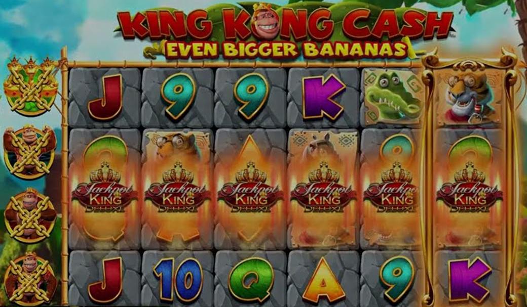 Five Jackpot King symbols across the middle row of a King Kong slot Canada players can play with a progressive