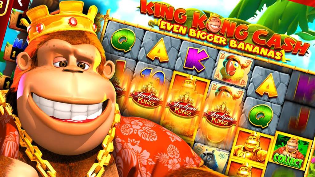 Cartoon Kong in a Hawaiian shirt beside the King Kong Cash Even Bigger Bananas reels, the King Kong slot Canada players know best