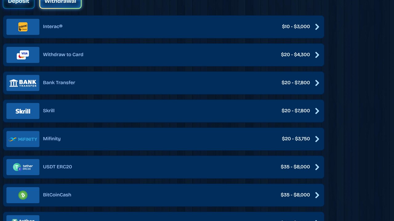 Casino withdrawal list in Canadian dollars with Interac and card rows, for KOHO casino Canada readers
