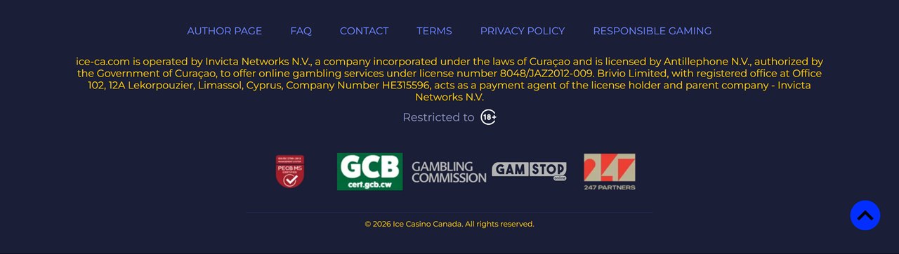 Legit online casino Canada check: the Ice Casino Canada footer with its Curacao licence text and seals