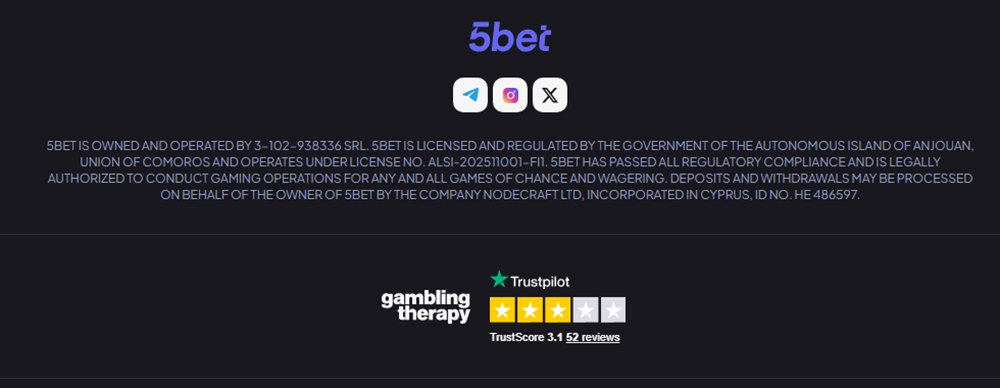 5bet footer stating its Anjouan licence and operator details