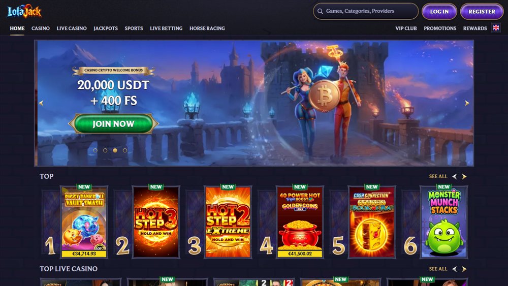 LolaJack Casino lobby with the crypto welcome banner and the top slots row