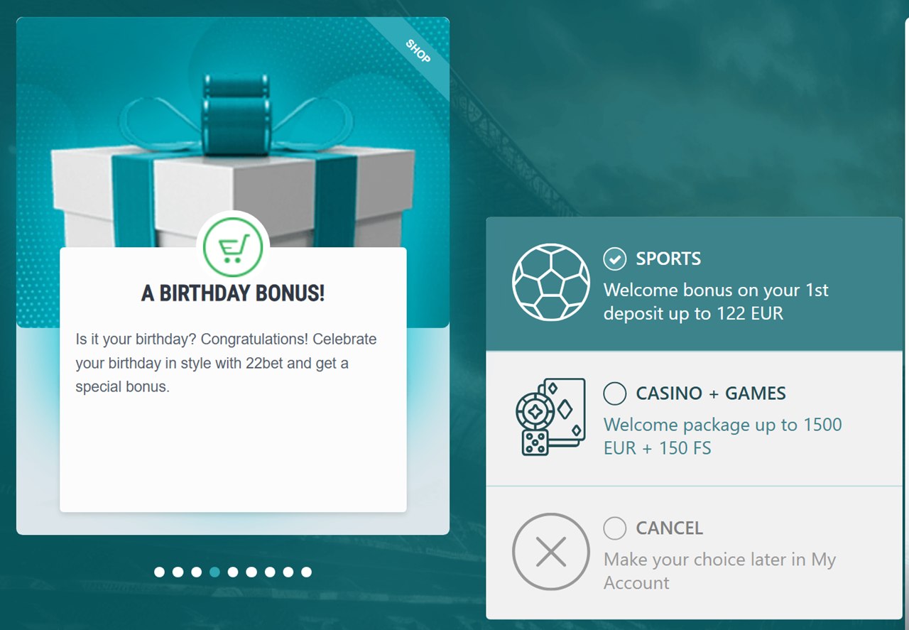 22Bet registration bonus choice cards for low wagering casino bonus Canada