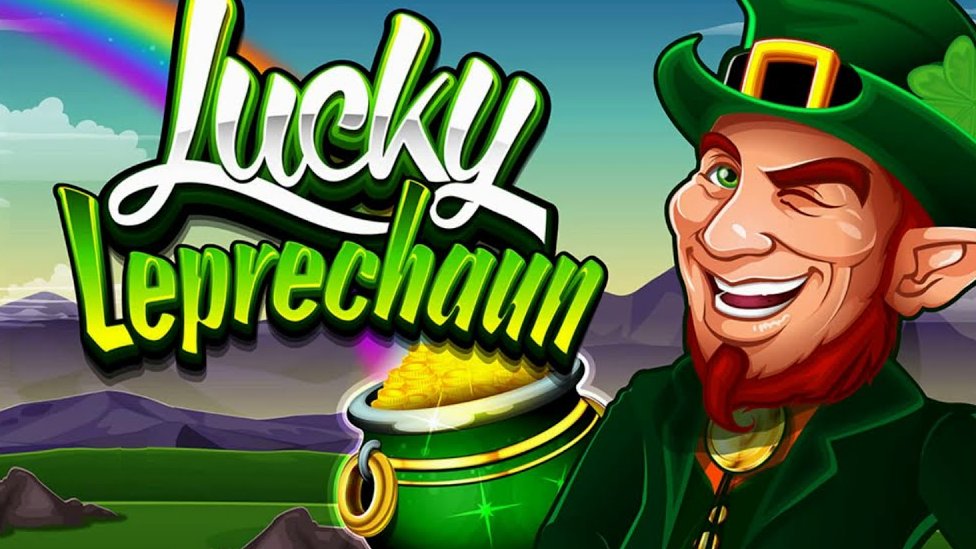 Winking leprechaun holding a pot of gold beside the Lucky Leprechaun slot Canada title art