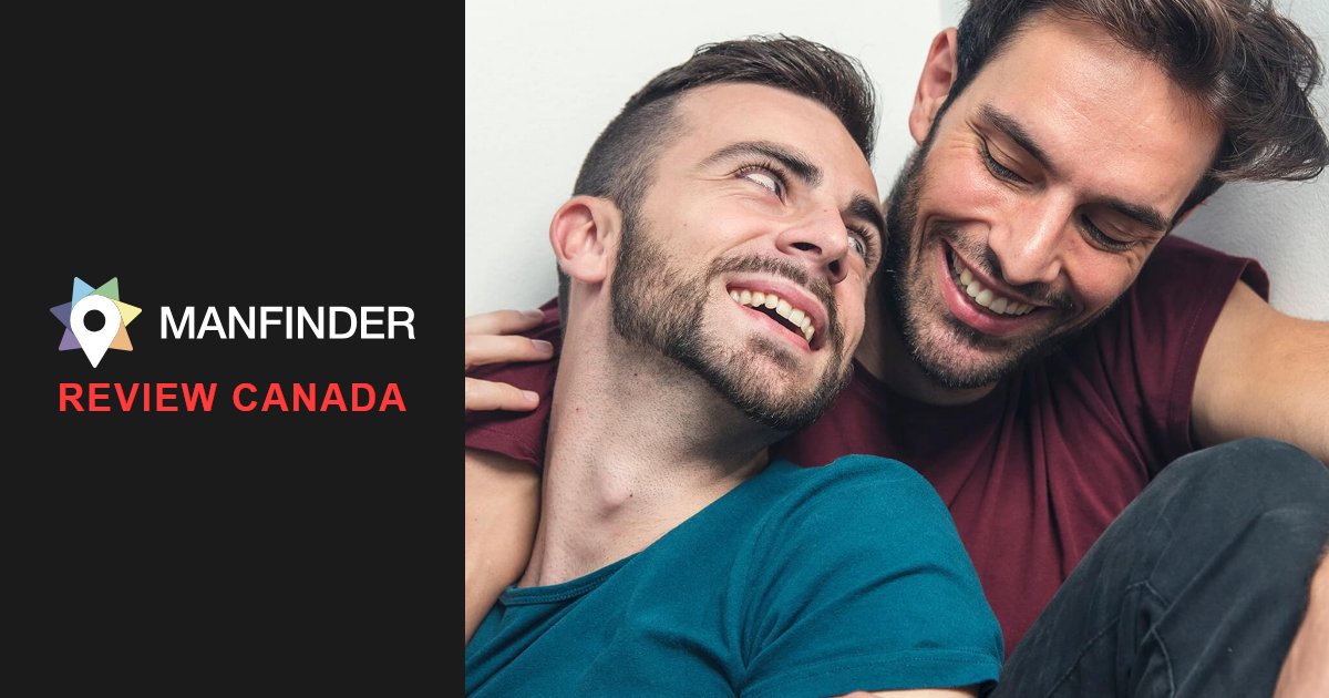 Two smiling men from the ManFinder homepage beside the ManFinder logo, for this ManFinder review Canada