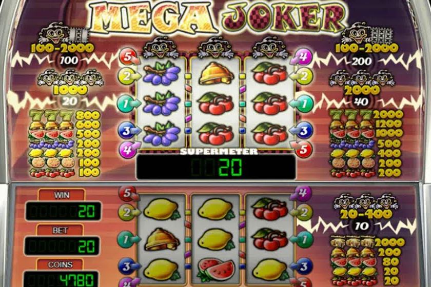 Mega Joker cabinet with the upper Supermeter reels, the Supermeter credit of 20 and the lower basic reels