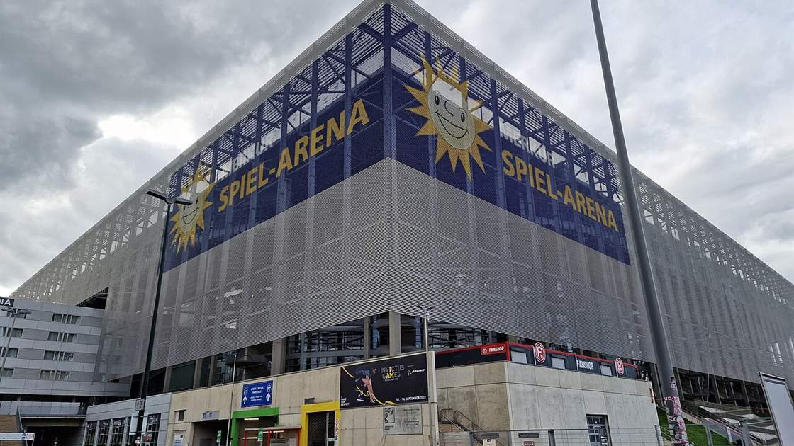 Merkur Spiel-Arena stadium in DÃ¼sseldorf with the Merkur sun on its facade