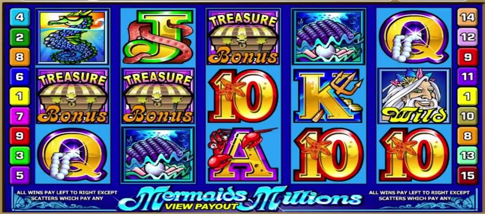 Mermaids Millions reels with Treasure Bonus chests, a Neptune wild and the 15 numbered paylines
