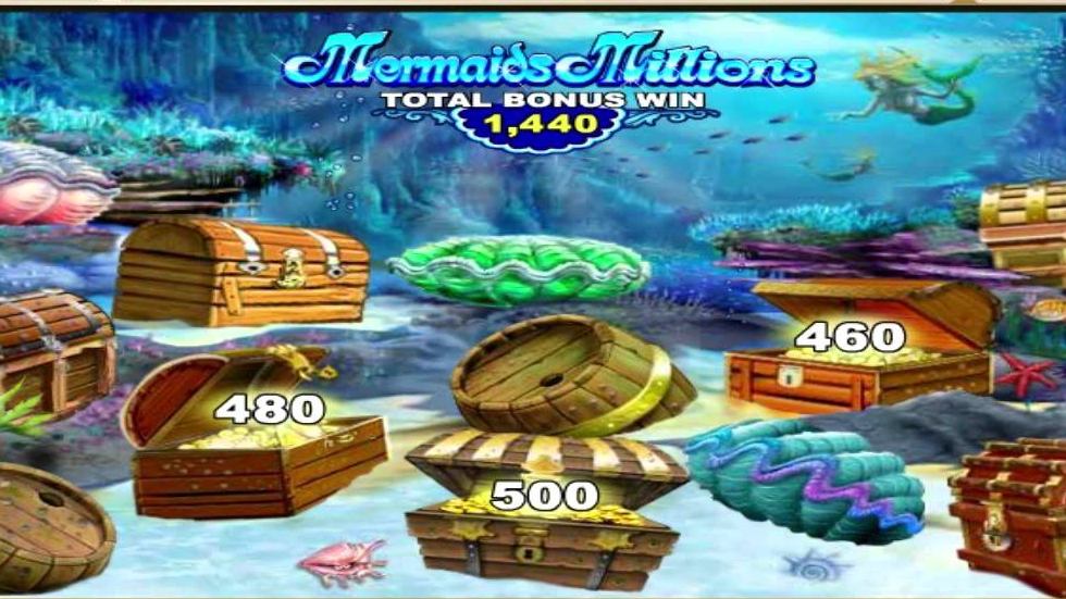 Mermaid Millions slot Canada Treasure Bonus screen with opened chests showing 480, 460 and 500 for a total of 1,440