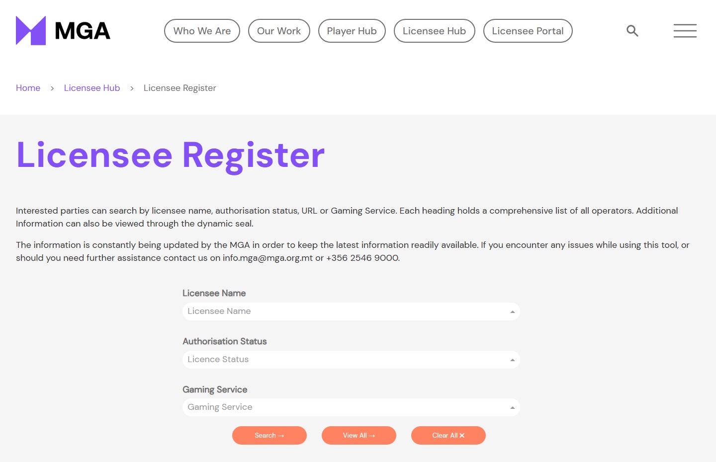 Malta Gaming Authority Licensee Register search page, where MGA licensed casinos Canada players use can be checked