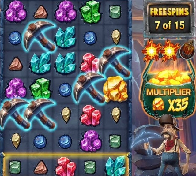 Miner Donkey Trouble grid with pickaxe wilds landing during free spins and a x35 multiplier