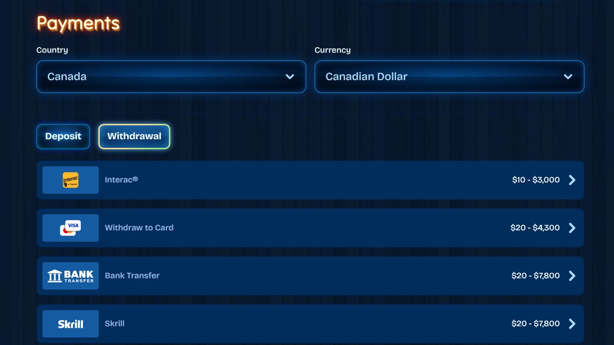minimum withdrawal casino Canada: Dudespin payments page in Canadian dollars showing withdrawal ranges for Interac, card, bank transfer and Skrill