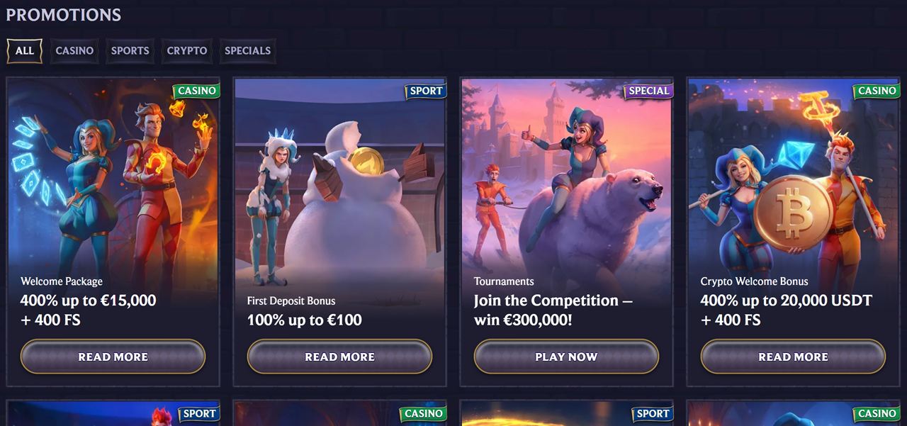 Monero casino Canada crypto promotions: Casino promotions page with a crypto welcome bonus card showing USDT and a Bitcoin coin