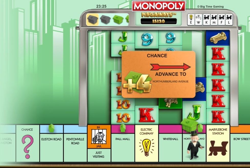 Monopoly Megaways reels with a Chance card awarding four houses and Mr. Monopoly on the board strip