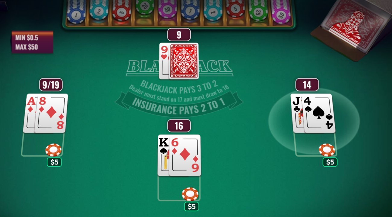 Platipus Multihand Blackjack with three player hands dealt against one dealer card
