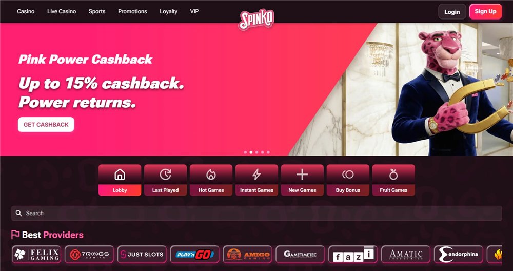 Spinko lobby with its cashback banner and game categories