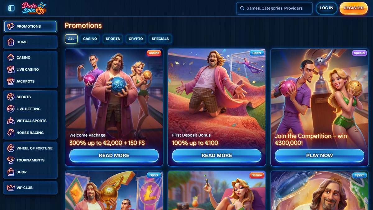New Year casino bonus Canada: Dudespin promotions page showing a welcome package card, a first deposit bonus card and a tournament card