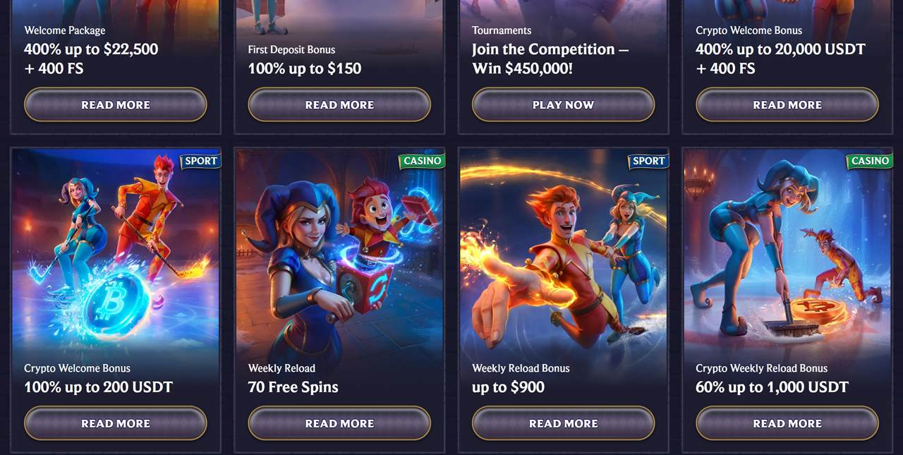 Casino promotions grid with welcome package, first deposit bonus, weekly reload and free spin reload offer cards