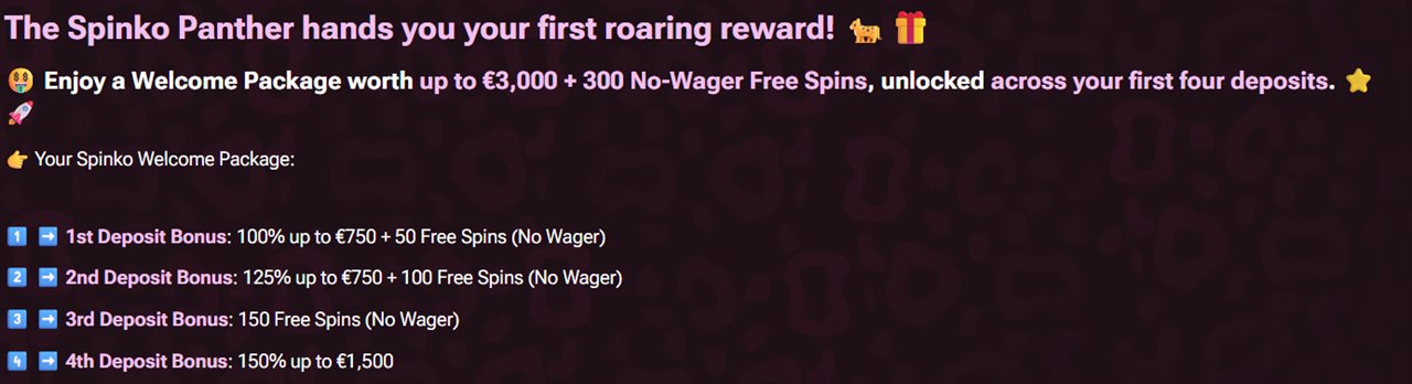 No wager free spins Canada example: Spinko welcome package page listing No Wager free spins on each deposit