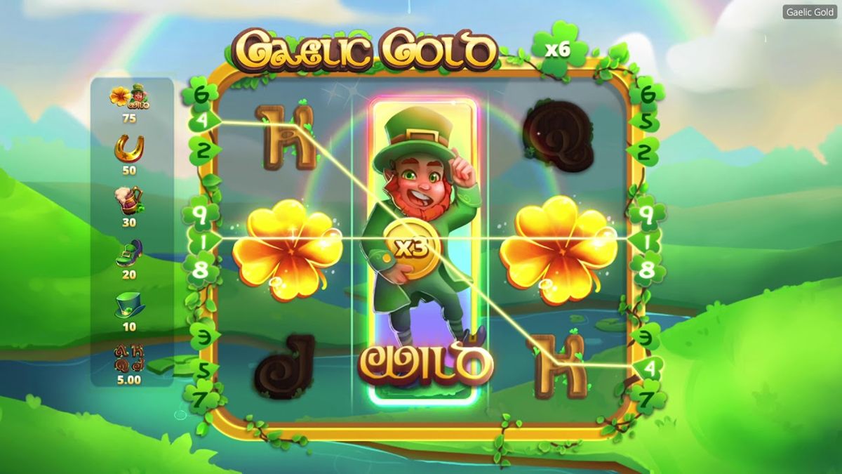 Gaelic Gold reels with gold clovers and the leprechaun wild