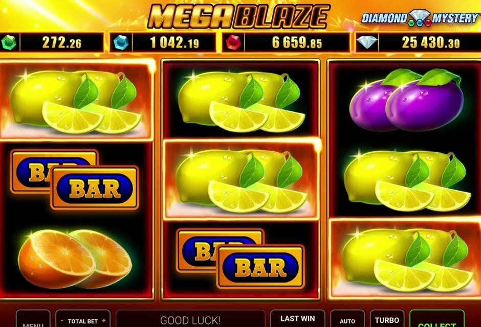 Greentube's Mega Blaze fruit slot with four jackpot meters and the Diamond Mystery feature