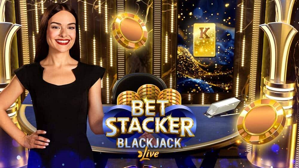 Infinite Bet Stacker Blackjack dealer at an Evolution live table for online blackjack Canada real money play