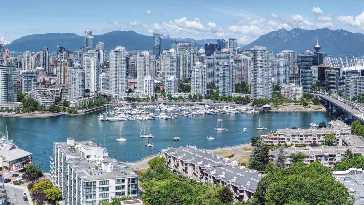 Aerial view of False Creek and the downtown Vancouver skyline, home city of online casino Vancouver players