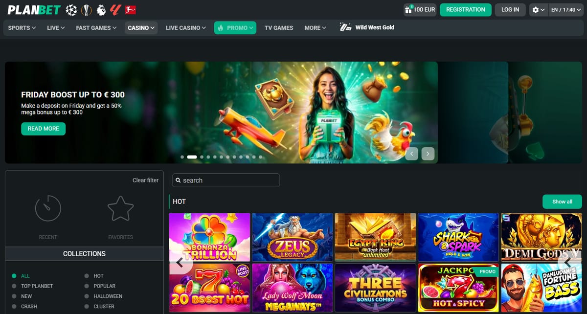A PlanBet casino slots lobby with a Friday boost banner and rows of hot slot games, the kind of site an online casino Yukon player would see