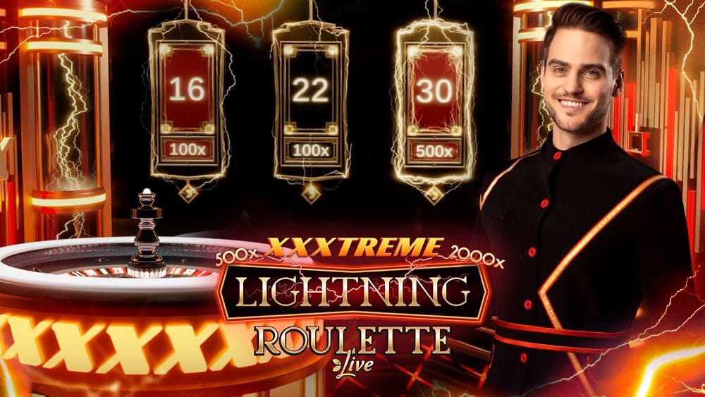 XXXtreme Lightning Roulette host beside the wheel and multiplier cards