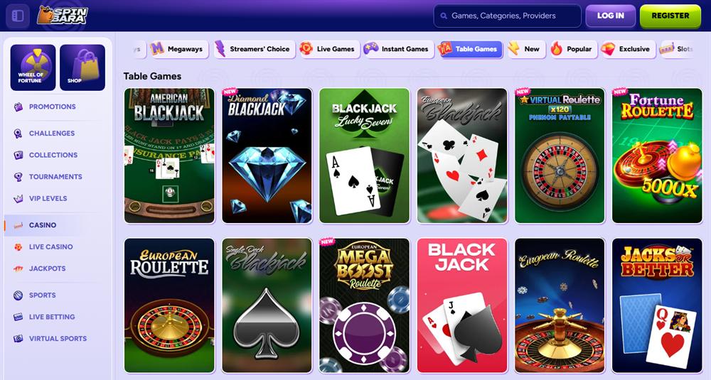 Spinbara table games lobby with blackjack, roulette and video poker